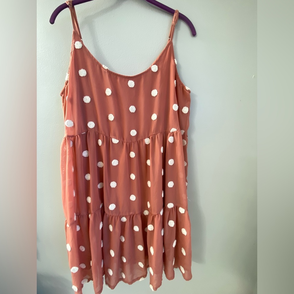 MINE Mauve Spaghetti Strap Dress Pom Pom Polka Dots Size L Boho Summer